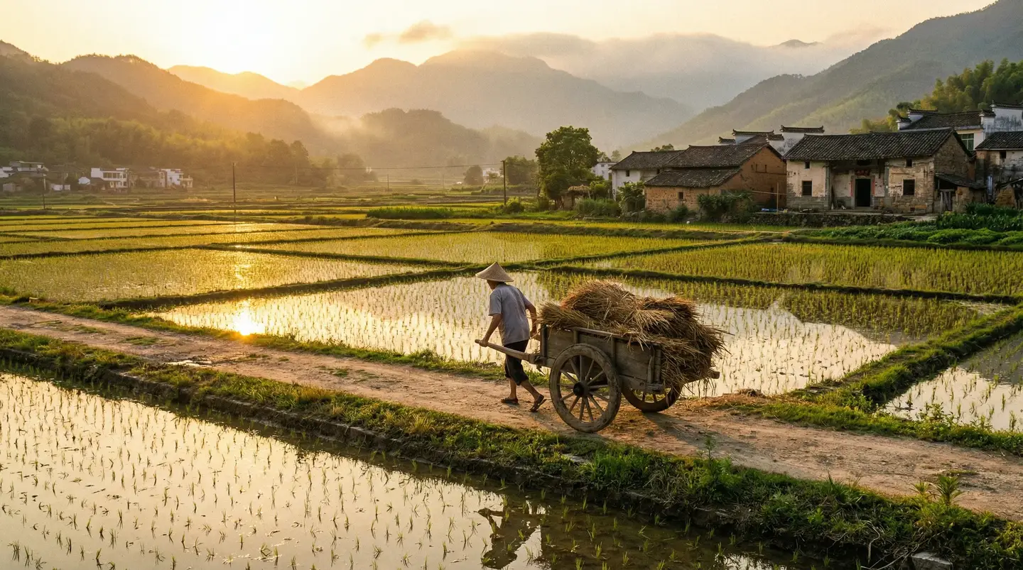 韩国三级仑乱在线播放 - 金色夕阳下的乡村田野，老农推着木车行走在田埂上