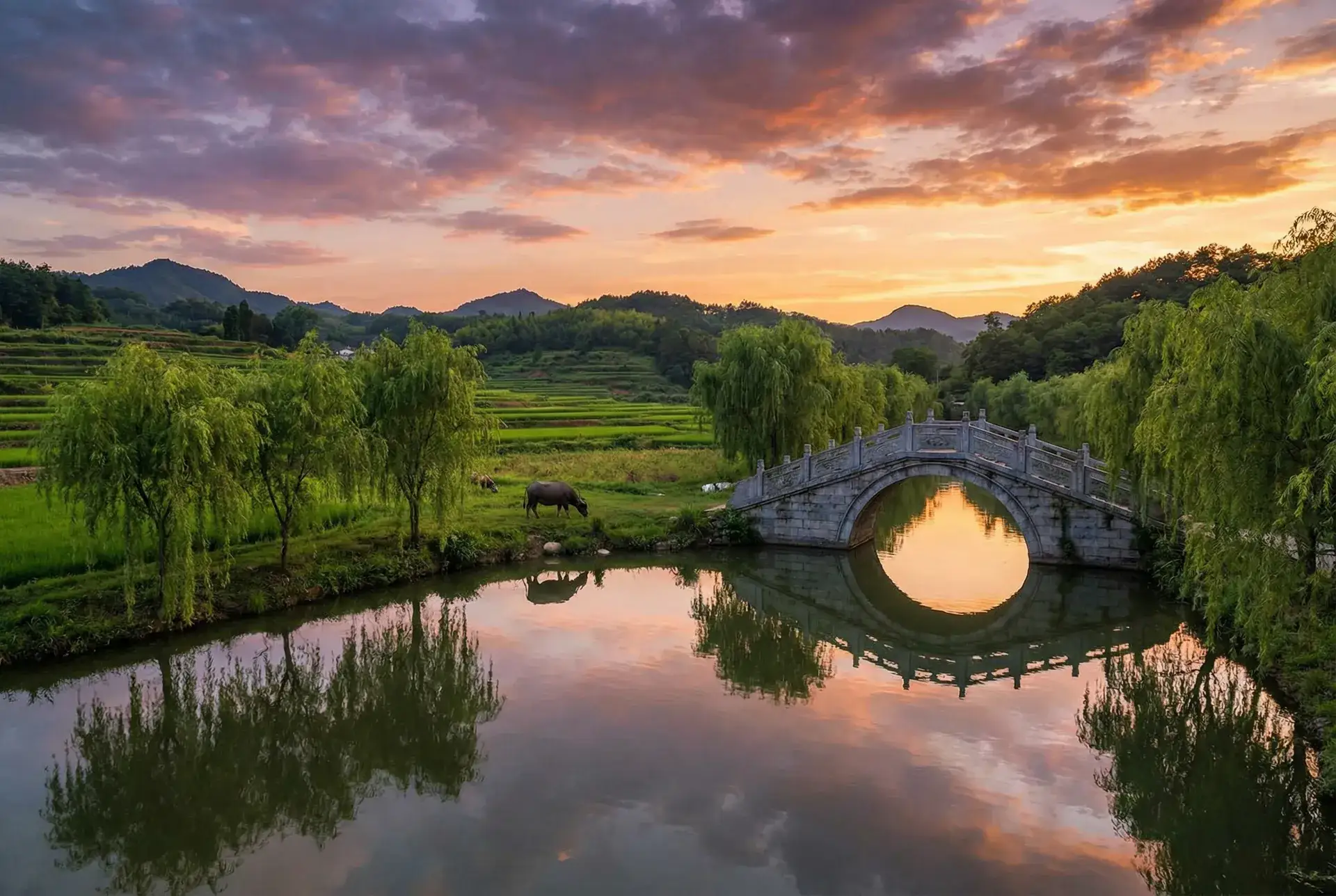 夕阳下的石拱桥与垂柳，水牛在河边吃草 - 韩国三级仑乱在线播放 乡村美景