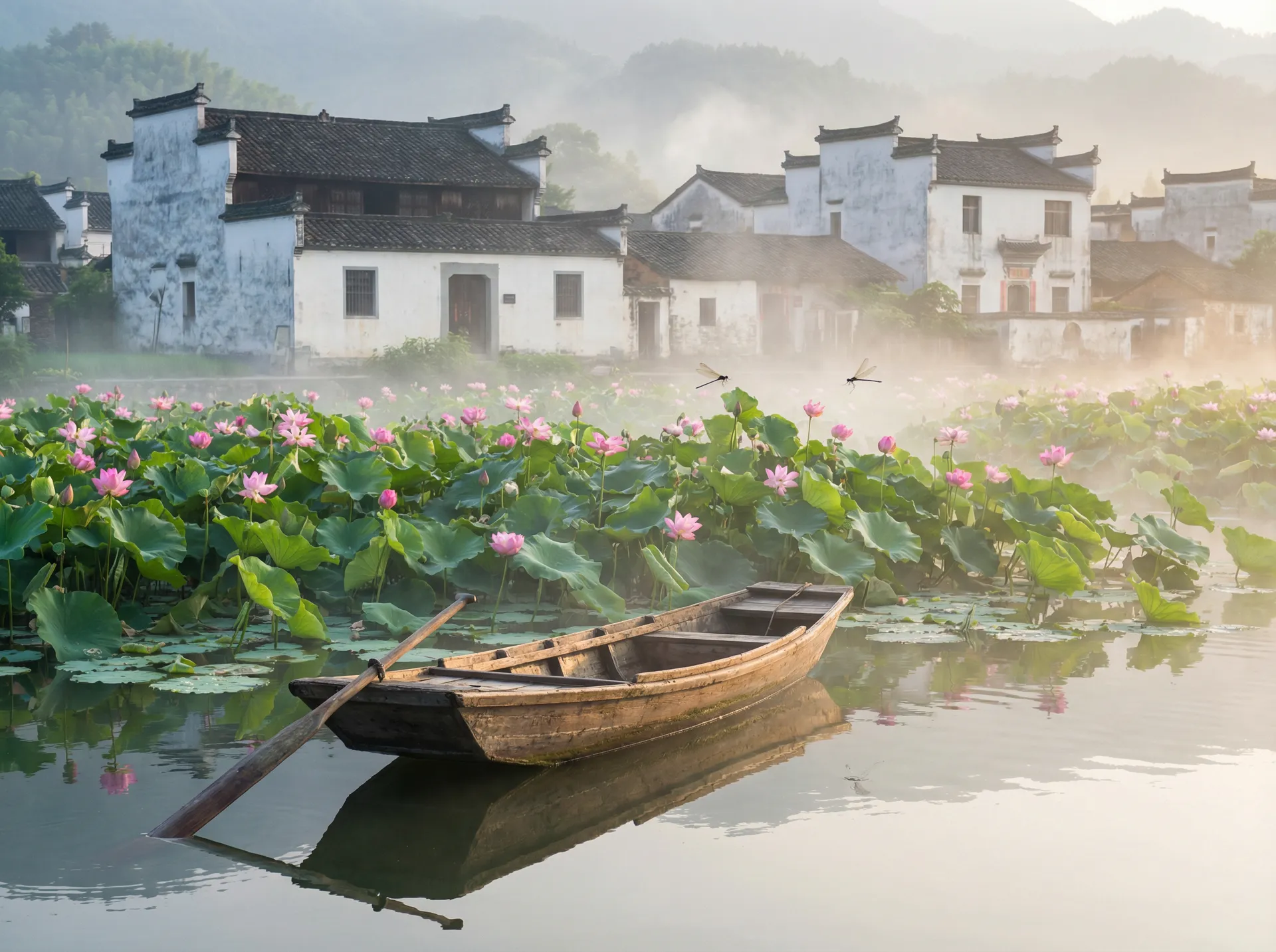 清晨荷塘小舟，粉色荷花盛开，白墙黑瓦的村庄 - 韩国三级仑乱在线播放 水乡风情